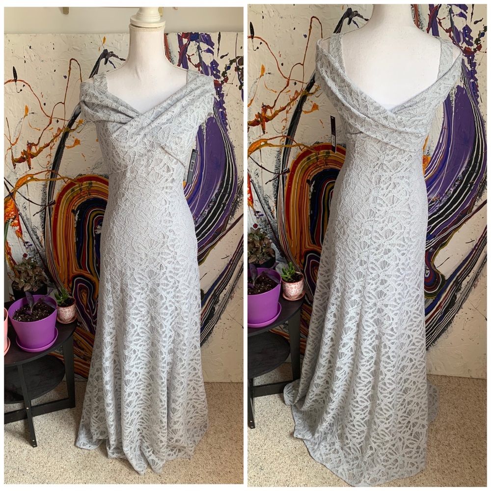 Tahari ASL lacy gown limestone lace